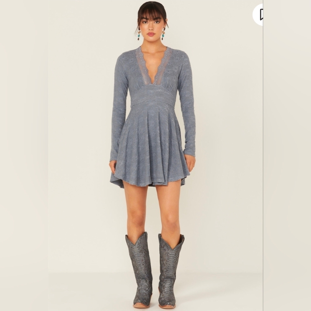 Free People Slate Blue Long Sleeve Mini Dress